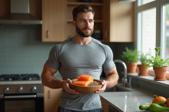Jeune homme sportif tenant un bol naturel pour la creatine