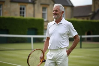 Homme d'âge moyen en tenue de tennis classique avec raquette vintage