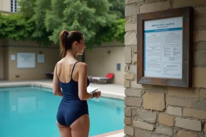 Femme consultant les horaires affichés au bord de la piscine de la Butte aux Cailles à Paris