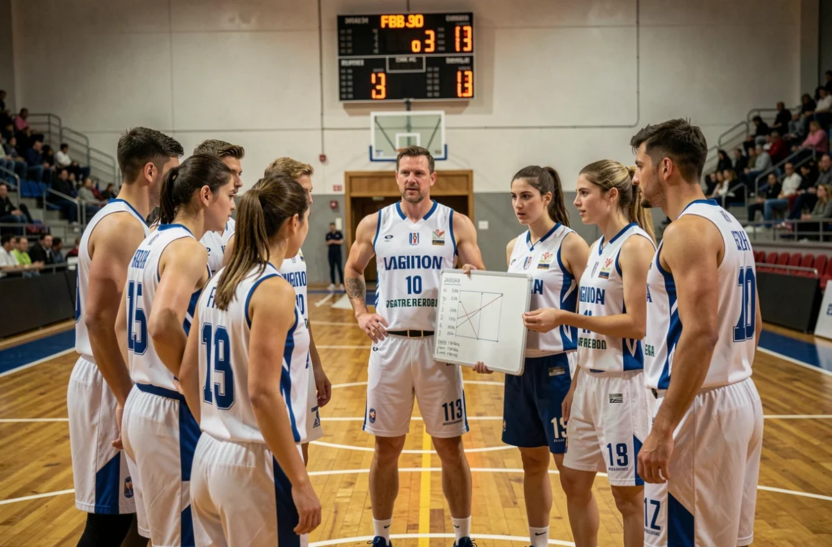 Joueurs de basket en cercle lors d'un temps mort pendant un match FFBB en salle avec leur entraîneur