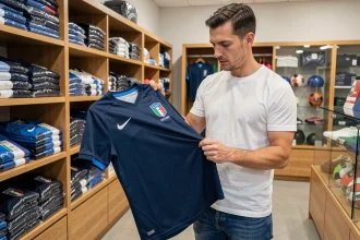 Un homme inspecte un maillot officiel de l'équipe nationale italienne de football dans un magasin de sport, vérifiant la qualité du tissu et le badge de la fédération