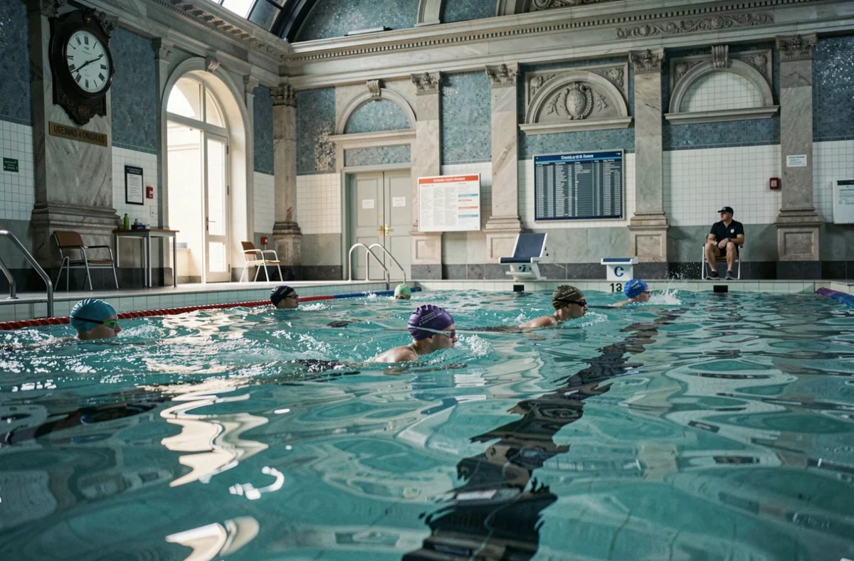 Intérieur de la piscine de la Butte aux Cailles avec nageurs en couloirs et affichage des horaires d'ouverture