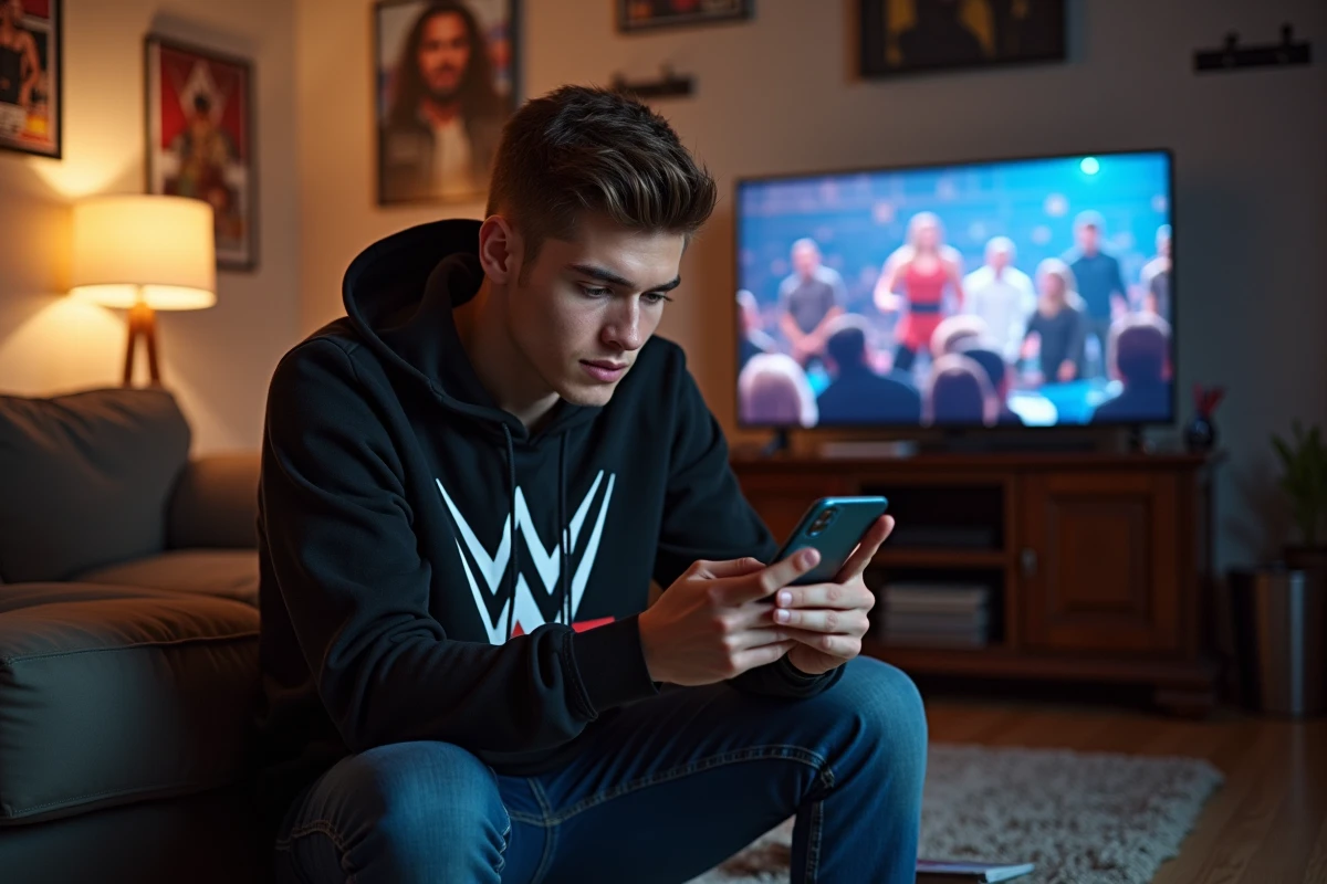 Jeune fan de WWE regardant son smartphone dans un salon