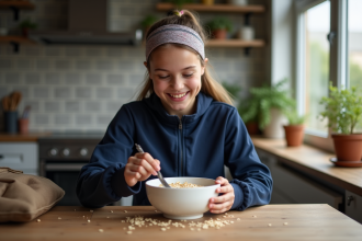 Jeune femme sportive préparant un repas matinal dans la cuisine
