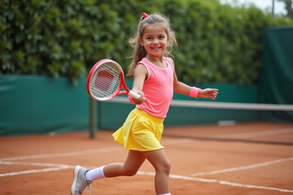 Jeune fille souriante en tenue de tennis sur court extérieur