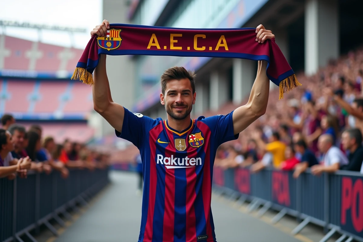 Jeune footballeur FC Barcelone devant le stade Camp Nou