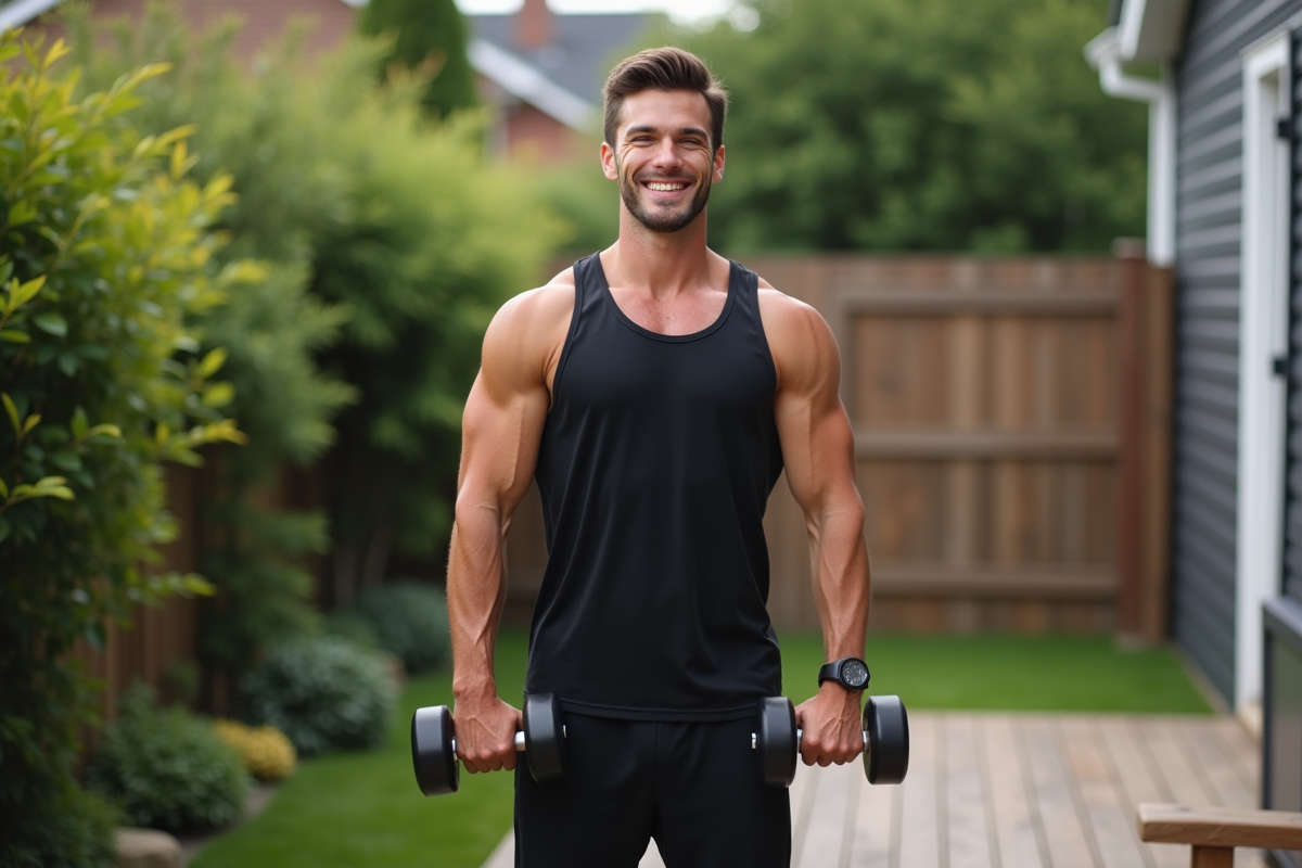 Jeune homme en débardeur noir tenant des haltères dans un jardin