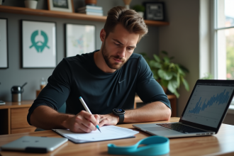 Jeune homme sportif remplissant un journal d'entraînement