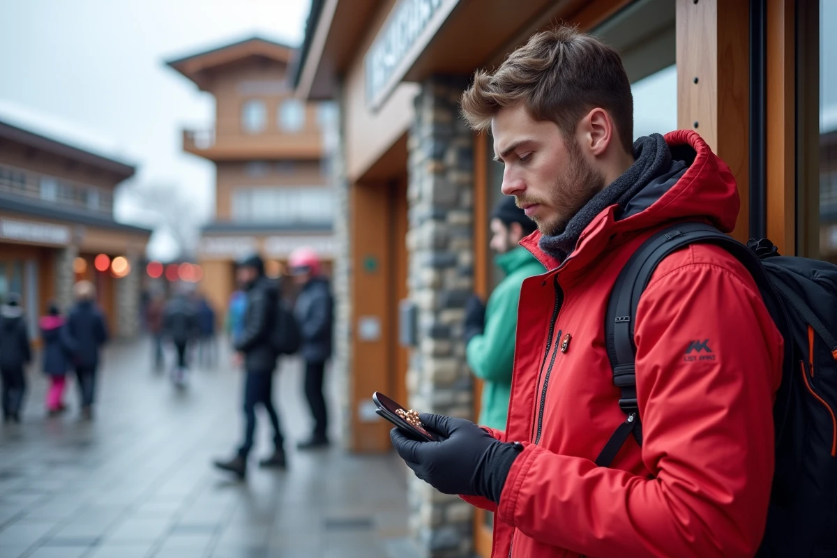 Jeune homme examine un pin de ski devant le bureau