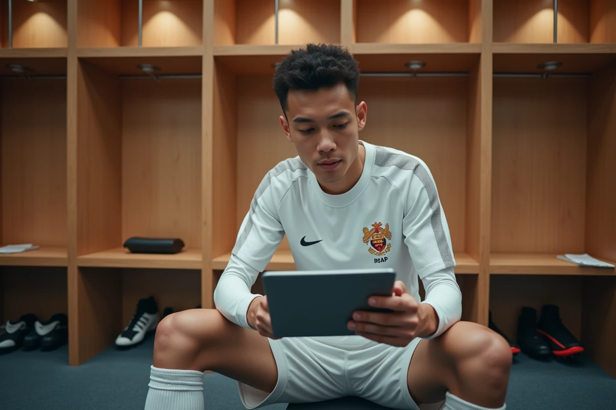 Jeune joueur du centre de formation PSG dans le vestiaire consultant des documents sur tablette