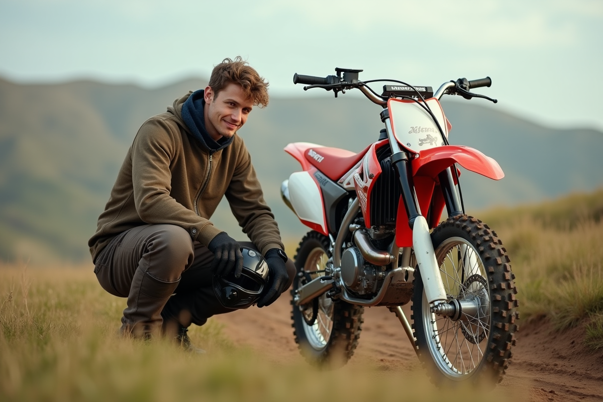 Jeune homme en motocross inspectant une moto 125cc en pleine nature