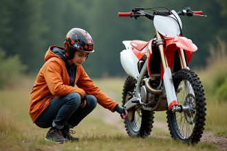 Adolescent en équipement motocross mesure la selle