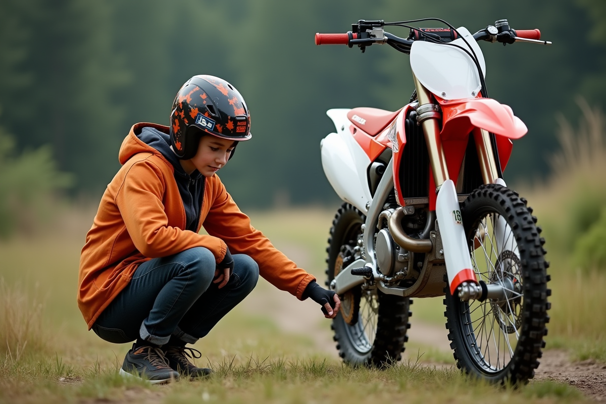 Adolescent en équipement motocross mesure la selle