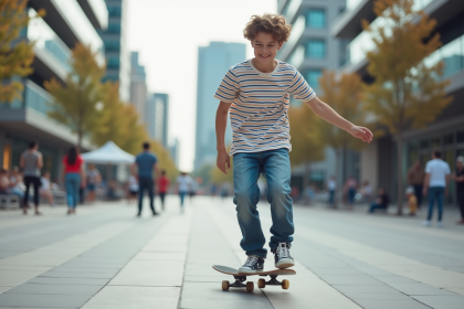 Jeune garçon en skateboard dans une ville moderne