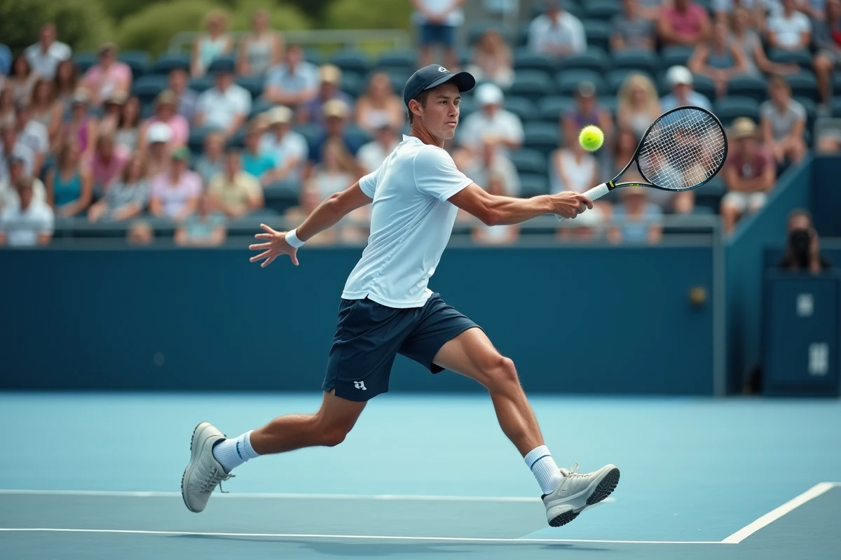 Jeune joueur de tennis moderne en action sur court dur
