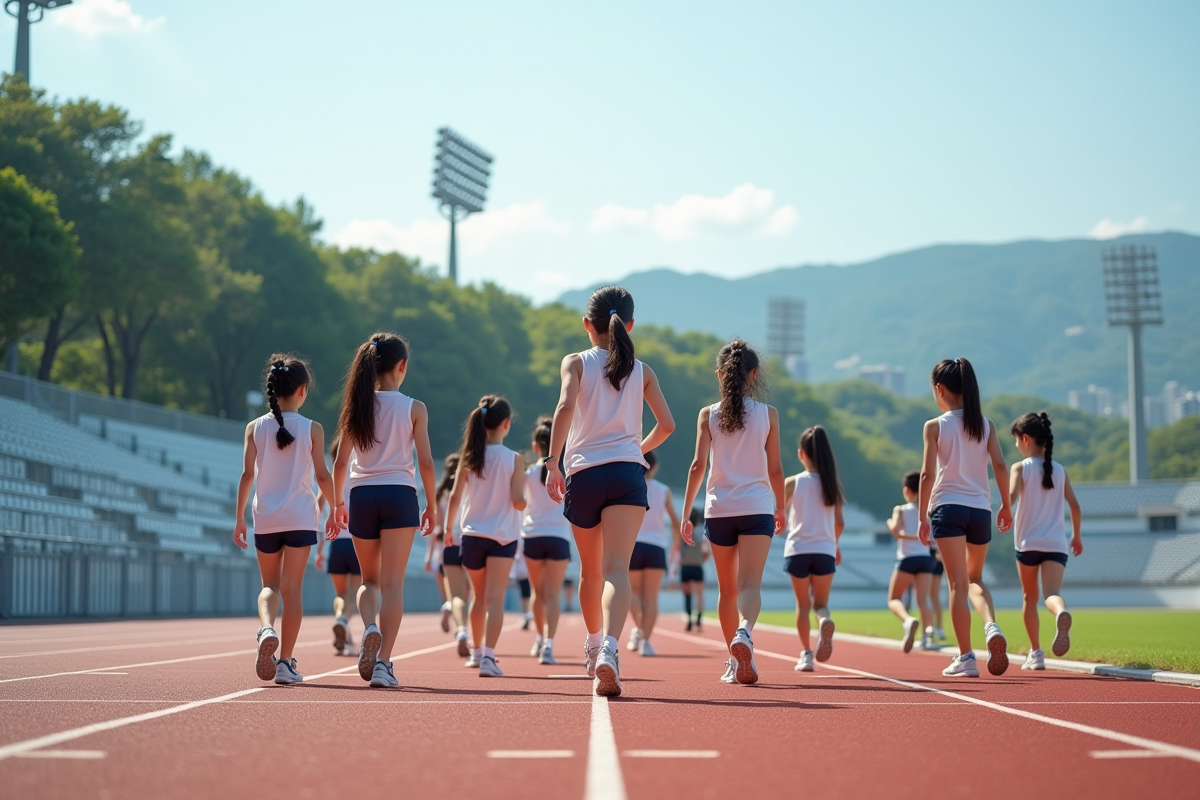 Groupe de jeunes athlètes japonais préparant un relais en extérieur