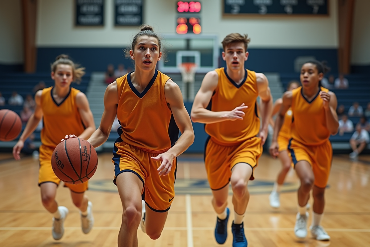 Jeunes basketteurs en pleine action dans un gymnase moderne