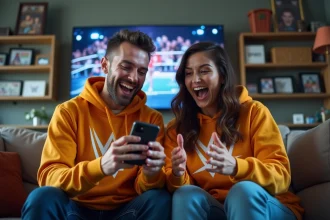 Jeune couple enthousiaste regardant leur smartphone avec décor WWE