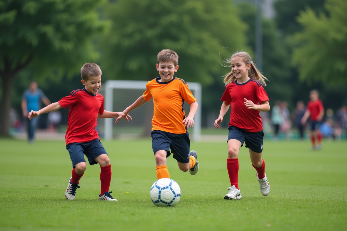 Adolescents jouant au football dans un parc vert