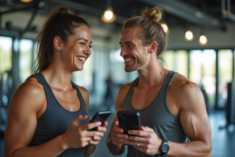 Deux jeunes adultes souriants dans une salle de sport Basic Fit