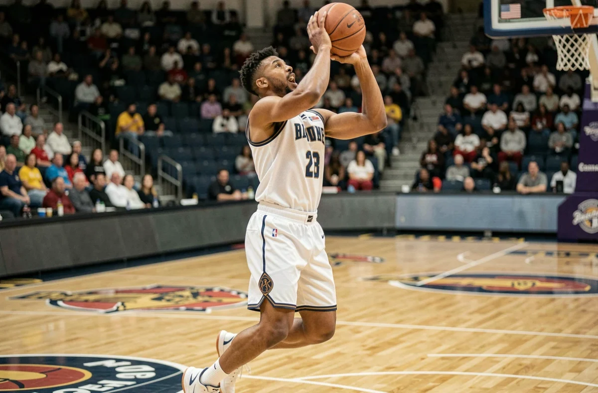Joueur de basketball en plein saut dans une salle de sport intérieure, vêtu d'un maillot blanc lors d'un tir en suspension