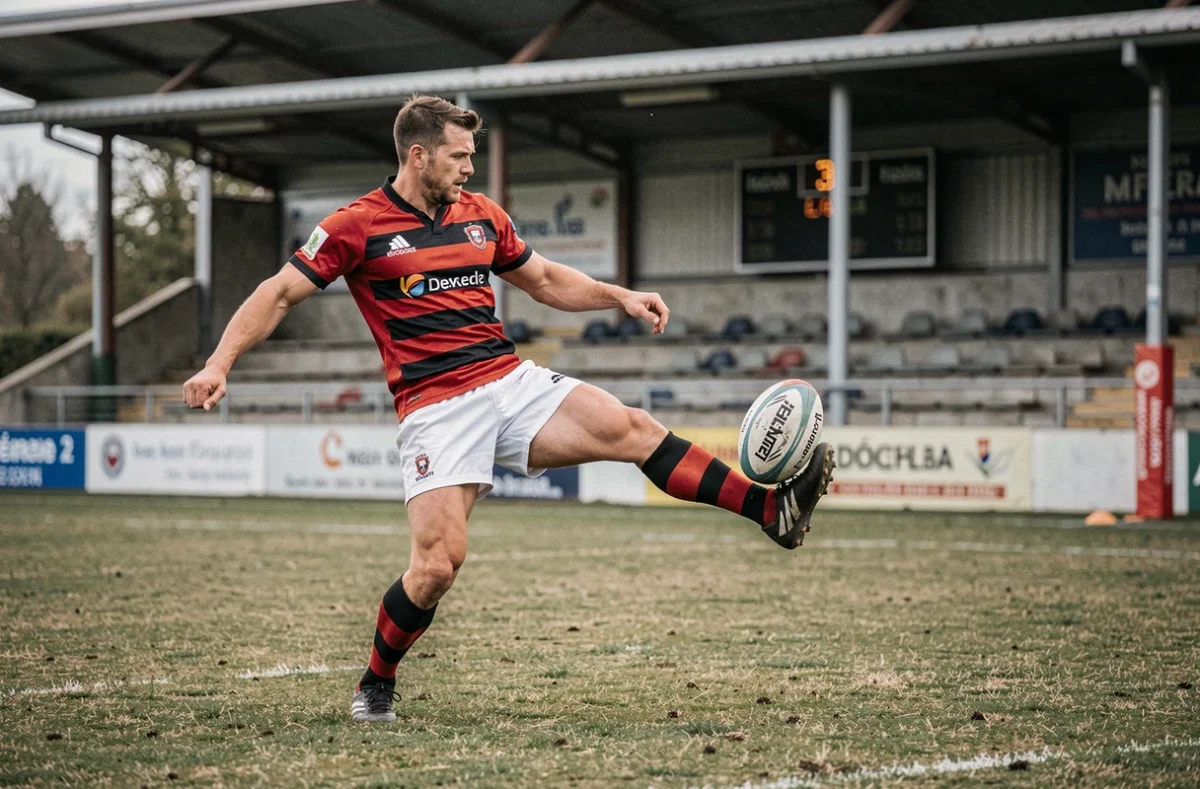 Joueur de rugby effectuant un coup de pied lors d'un match à domicile en Fédérale 2, stade régional français