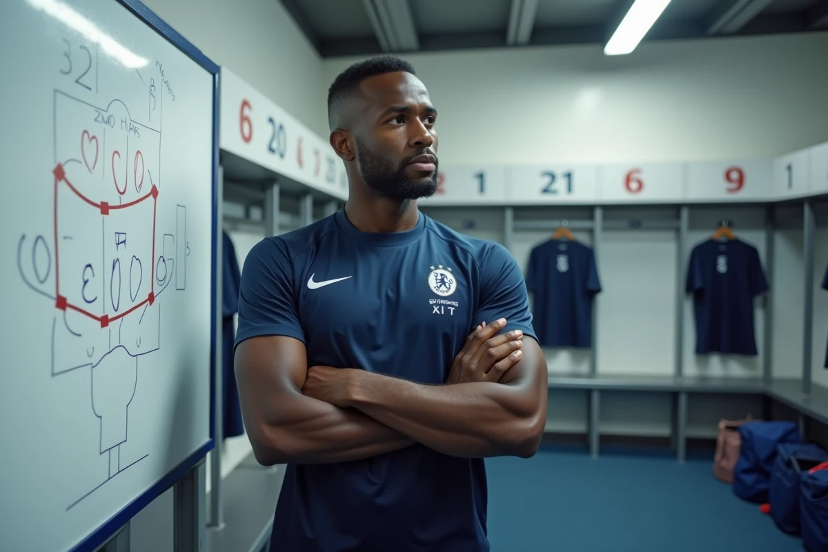 Joueur de l'équipe de France en réunion tactique dans le vestiaire lors d'un stage de préparation international