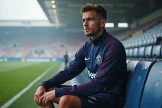 Jeune joueur PSG assis pensif sur banc de stadium