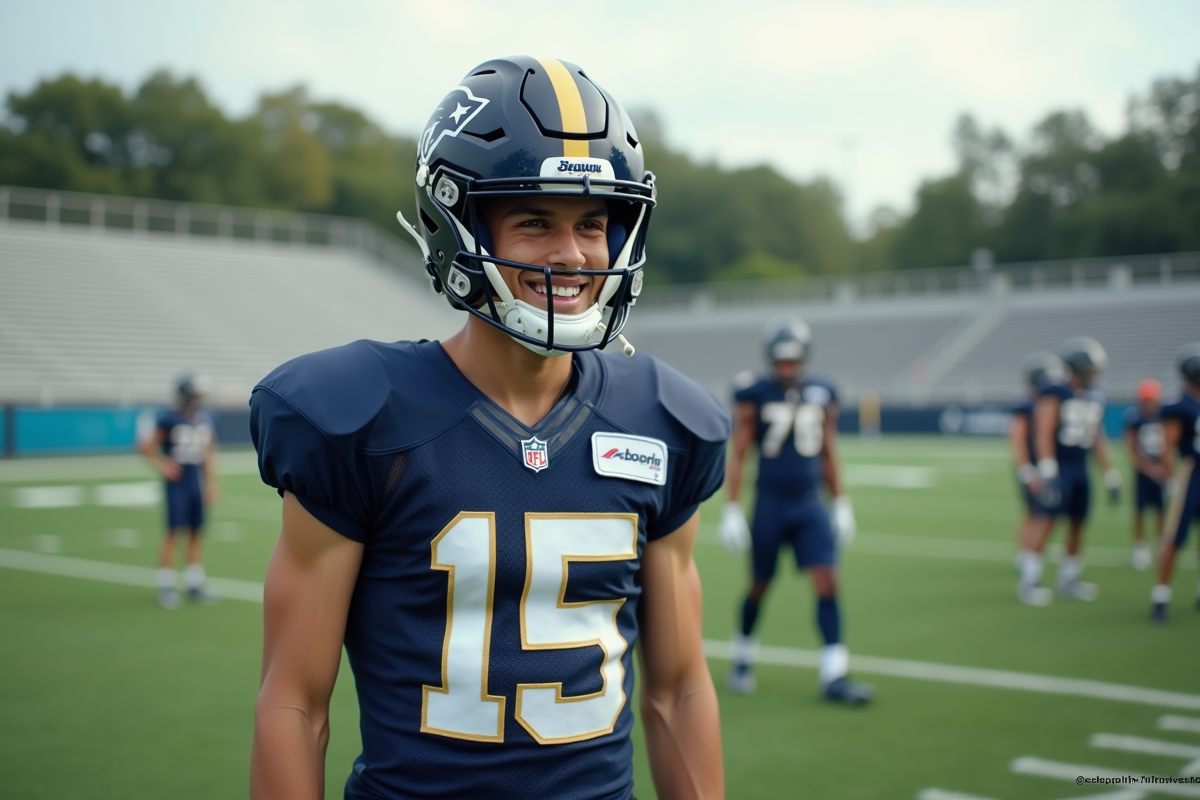 Jeune joueur NFL souriant en practice sur le terrain