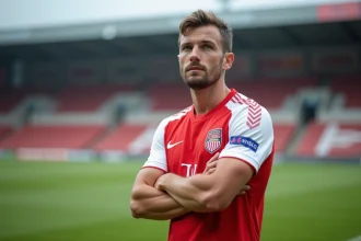 Joueur de football professionnel en maillot rouge et blanc sur le terrain d'entraînement de Valenciennes FC, symbolisant un transfert ou recrutement 2026