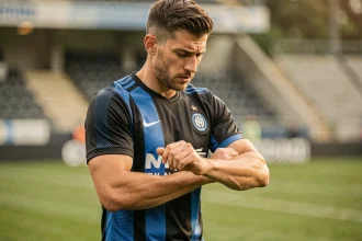 Joueur de l'Inter Milan en maillot noir et bleu lors d'une séance d'entraînement sur le terrain