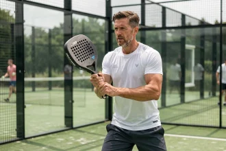 Joueur de padel en position de service sur un court extérieur, prêt à entrer en compétition autour des 100 points