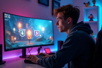 Joueur concentré devant son PC gaming affichant les rangs League of Legends sur un écran ultrawide