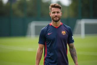 Joueur professionnel de football en maillot bleu et rouge sur le terrain d'entraînement du PSG
