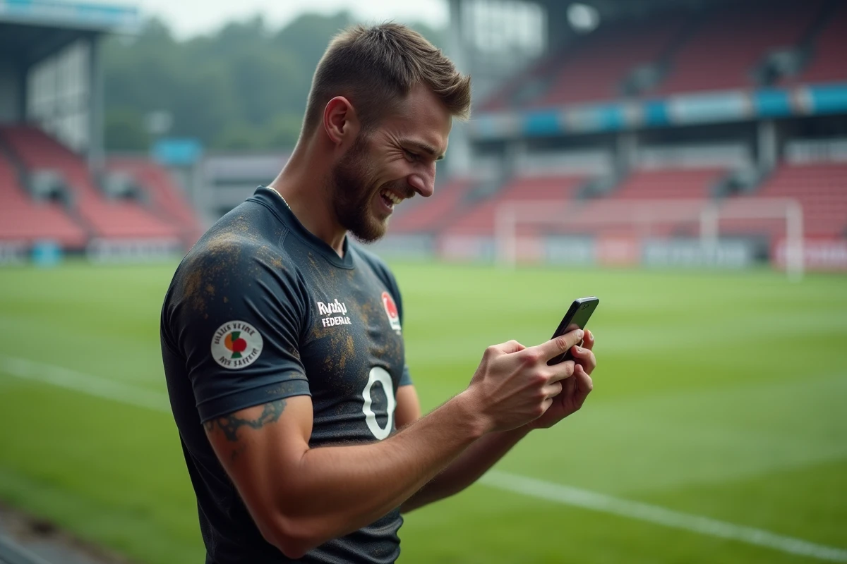Jeune joueur rugby avec smartphone lors d'un match fédérale 3