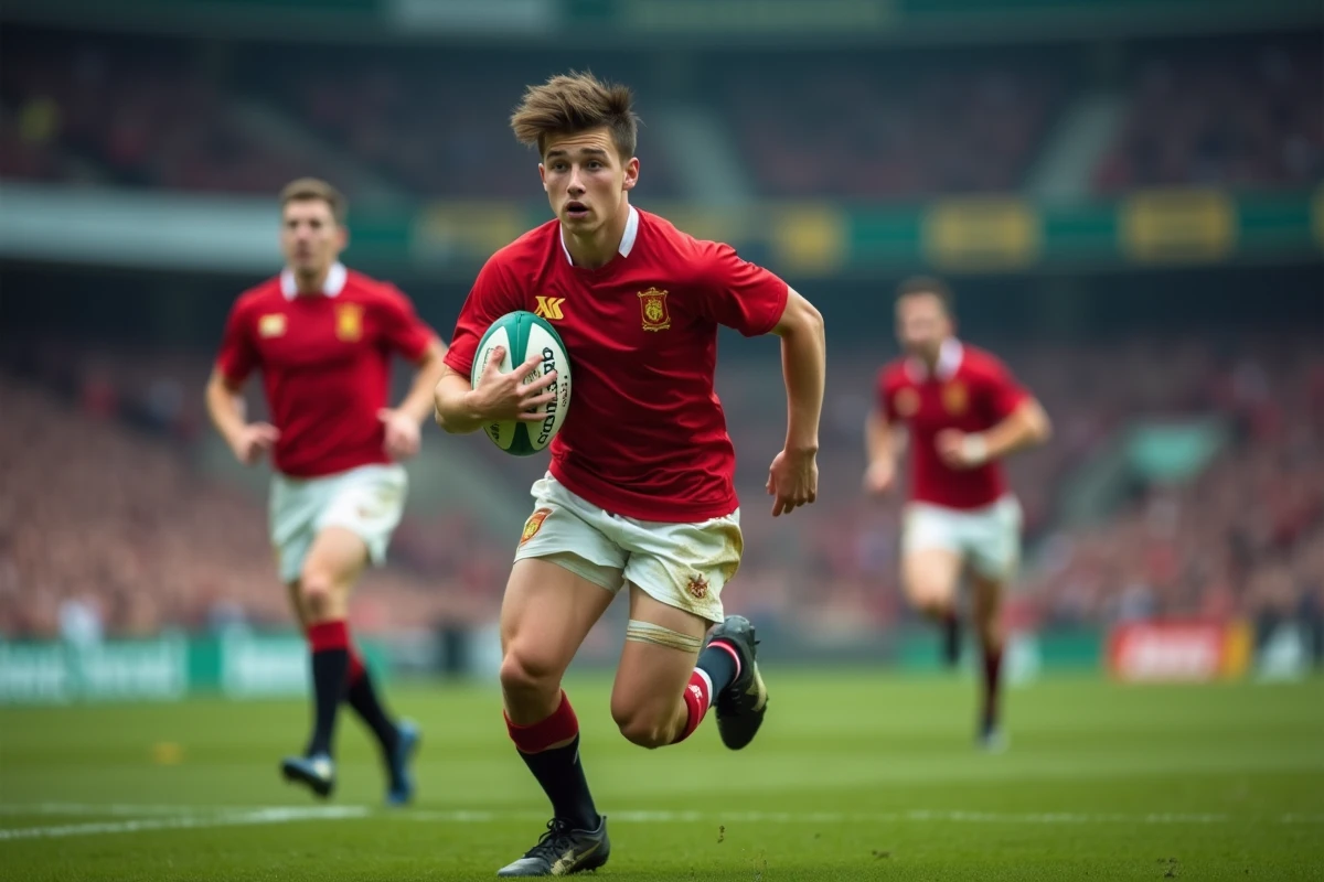 Joueur de rugby U20 en pleine course avec ballon lors d'un match de la Coupe du monde des moins de 20 ans