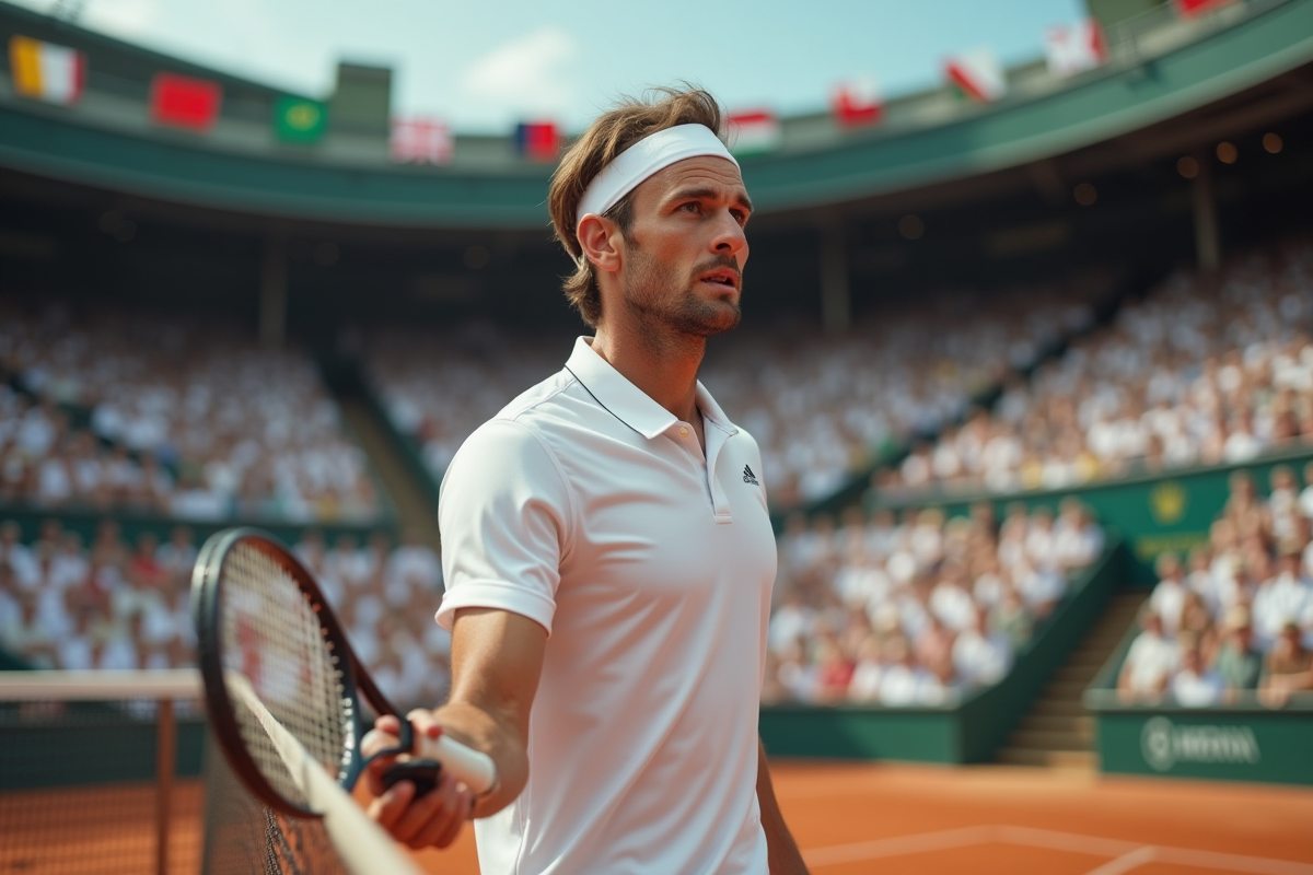 Joueur de tennis en action sur terre battue avec drapeau international