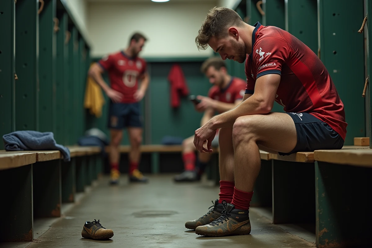 Joueur de rugby assis dans les vestiaires après un match de Fédérale 2, expression de fatigue et de réflexion post-match