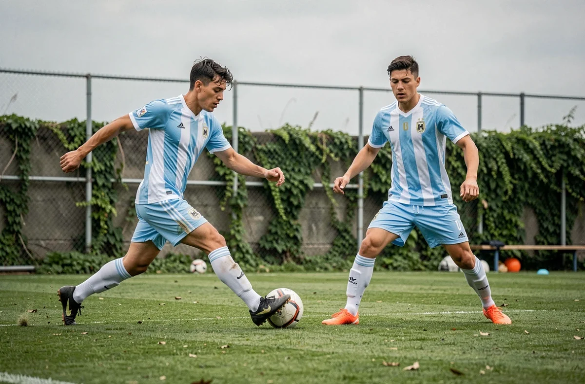 Deux joueurs argentins en exercice de passes lors d'un entraînement tactique en tenue officielle