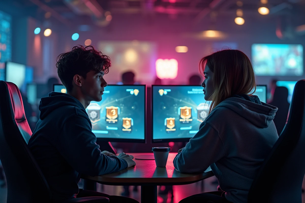 Deux joueurs dans un café esports comparant leurs rangs League of Legends sur des écrans de gaming