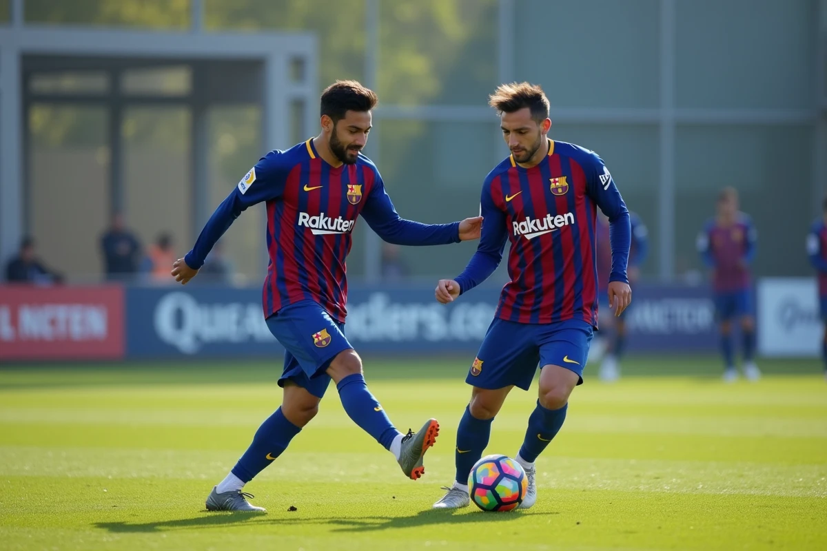 Joueurs du FC Barcelone en exercice de passe technique lors d'un entraînement collectif sur le terrain d'entraînement en 2026