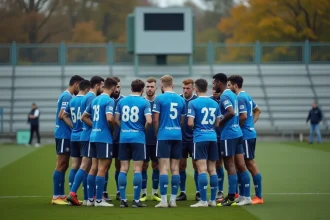 Joueurs de football amateur du district de l'Aisne en huddle avant un match sur un terrain régional