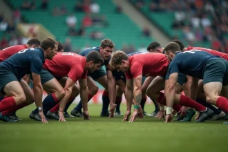 Joueurs de rugby en mêlée lors d'un match de la saison 2026, maillots contrastés et terrain en gazon naturel