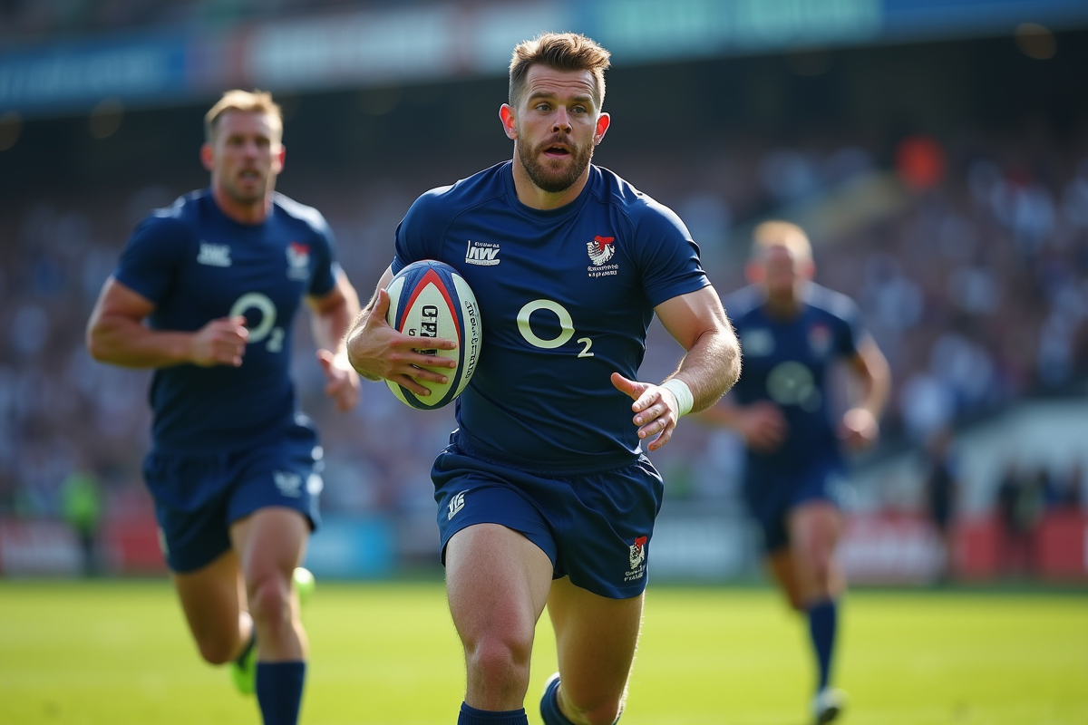 Joueurs de rugby sevens français en action en match moderne