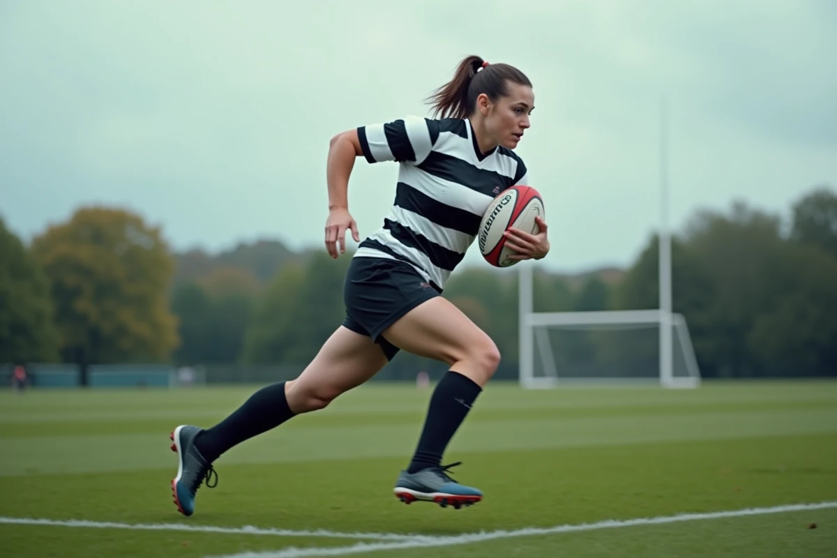 Joueuse de rugby en pleine course avec le ballon lors d'un match de la saison 2026, terrain extérieur sous ciel nuageux