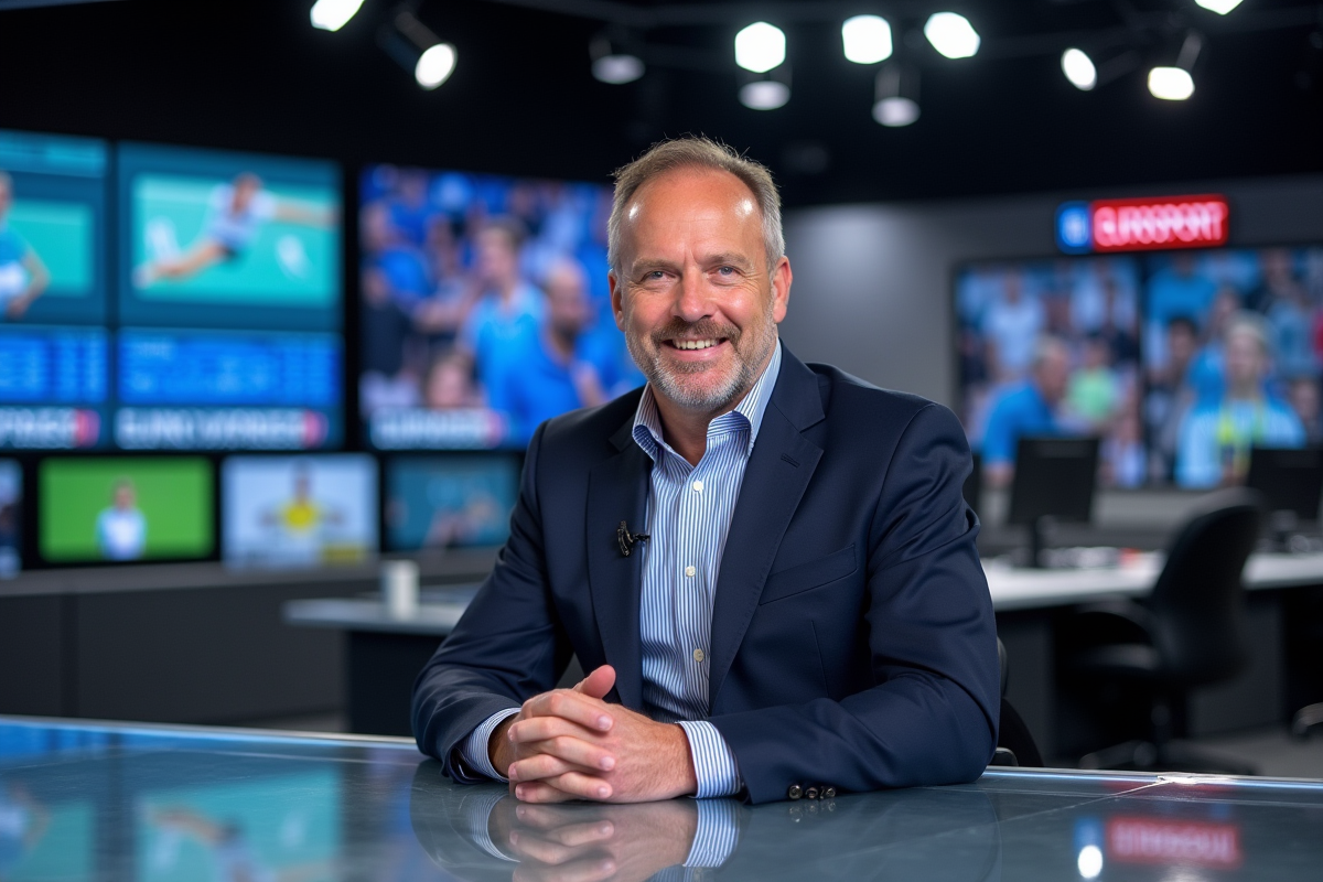 Journaliste sportif en studio avec écrans de tennis