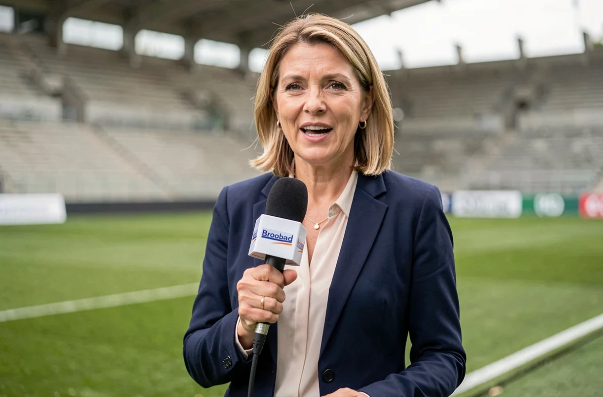 Journaliste sportive présentant en direct le tirage au sort des demi-finales de la Coupe de France depuis les abords d'un stade de football