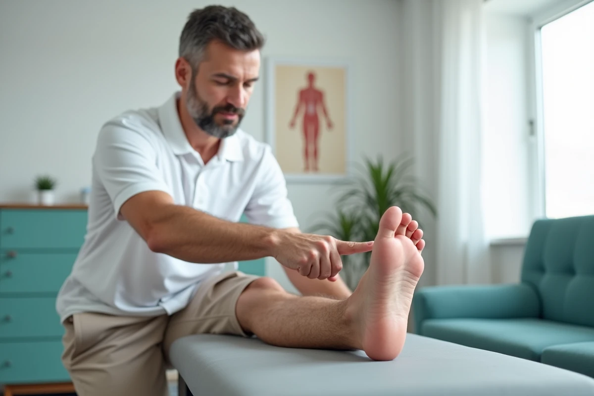 Kinésithérapeute expliquant la pronation et supination du pied à un patient en cabinet médical