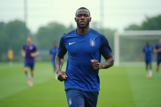 Randal Kolo Muani en maillot bleu de l'équipe de France à l'entraînement, courant sur un terrain de football professionnel