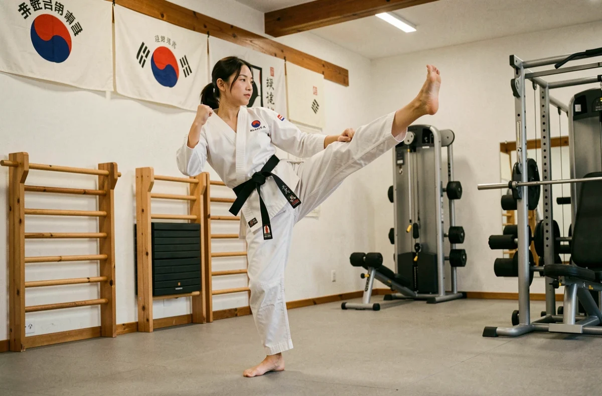 Une femme en dobok réalisant un coup de pied dans la salle Korea Fitness à Arles